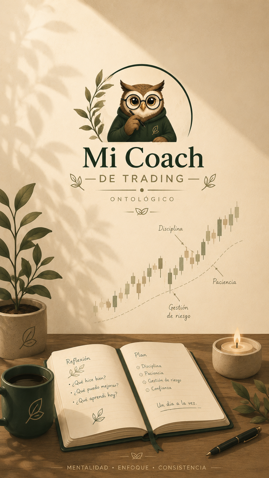 Logo de Mi Coach de Trading: un búho con anteojos, sobre un diario de trading abierto en un escritorio junto a un café y una vela, con notas de reflexión, plan y las palabras mentalidad, enfoque y consistencia junto a un gráfico de velas ascendente.